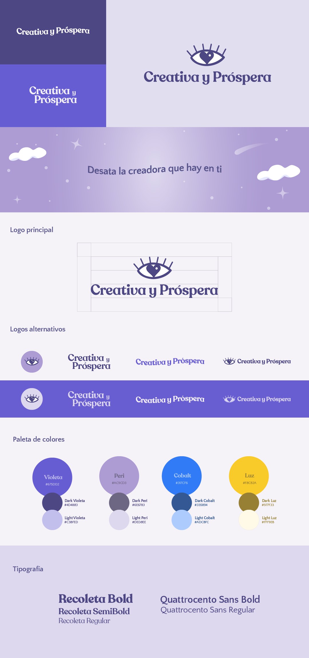 Creativa y Próspera brand board: logos, color palette and typography