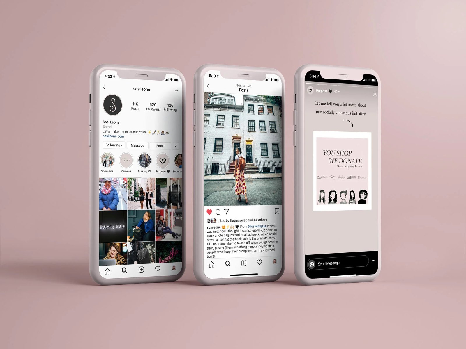 The Sosi Leone Instagram profile, a lifestyle post and a You Shop, We Donate story