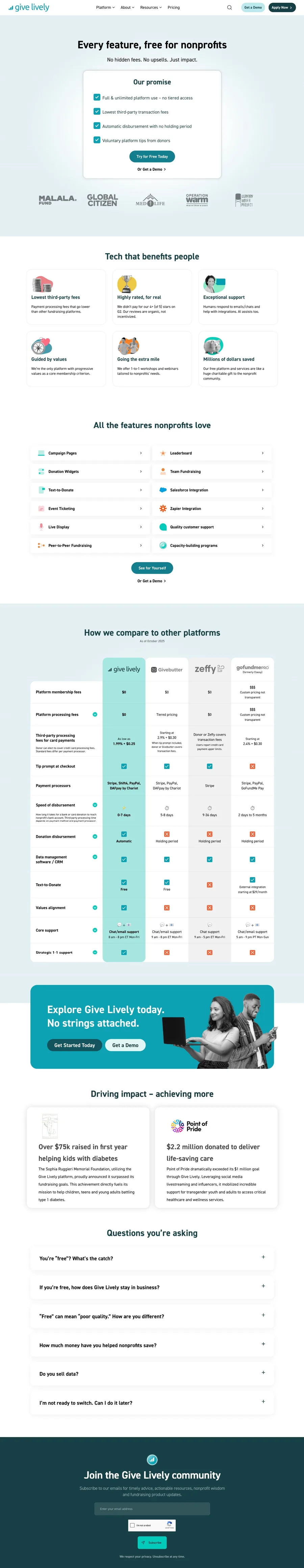 Full Give Lively pricing page: Every feature, free for nonprofits, with features, a platform comparison table, impact stories and FAQs