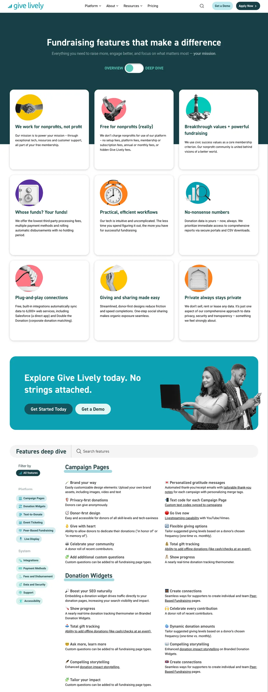 Give Lively features page: Fundraising features that make a difference, with illustrated benefit cards and a searchable features deep dive