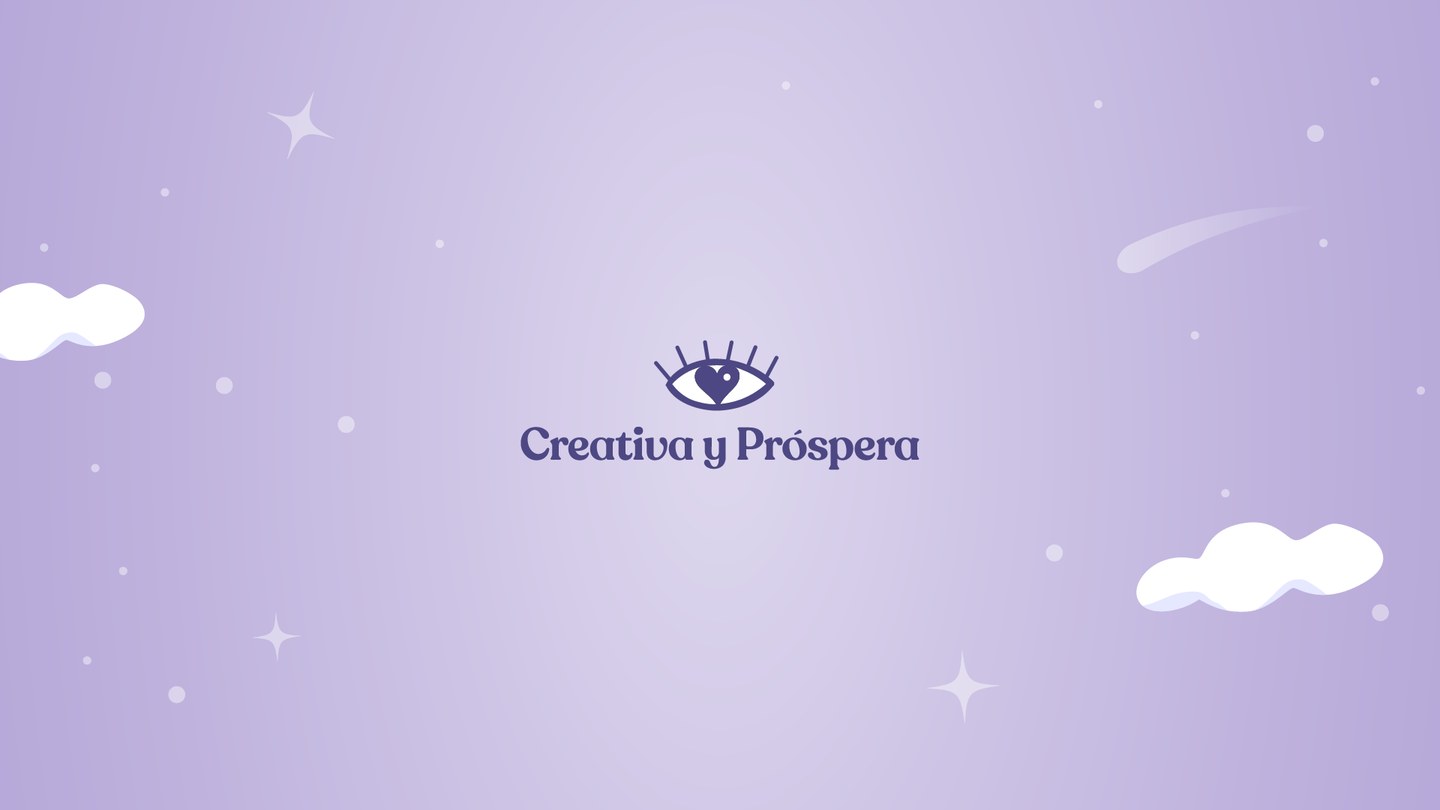 Creativa y Próspera logo on a soft lavender sky with clouds and stars