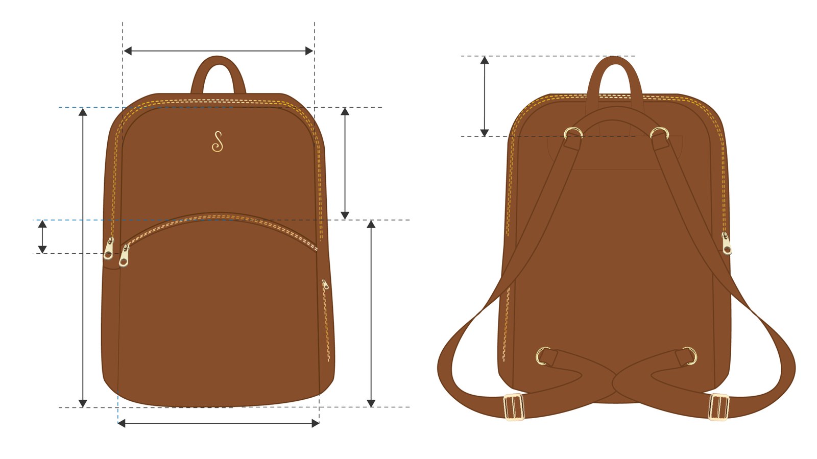 Technical drawing of the Sosi Leone backpack, front and back, with measurements