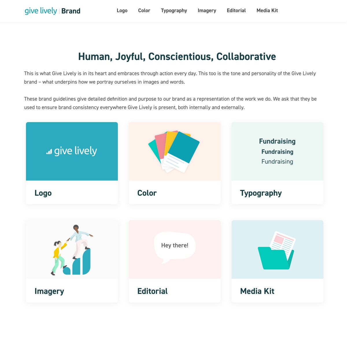 The Give Lively brand guide hub with sections for logo, color, typography, imagery, editorial and media kit