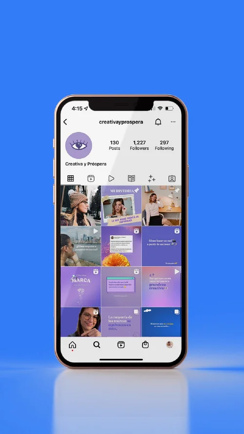 The creativayprospera Instagram profile on a phone, with a violet grid of posts, on a bright blue background