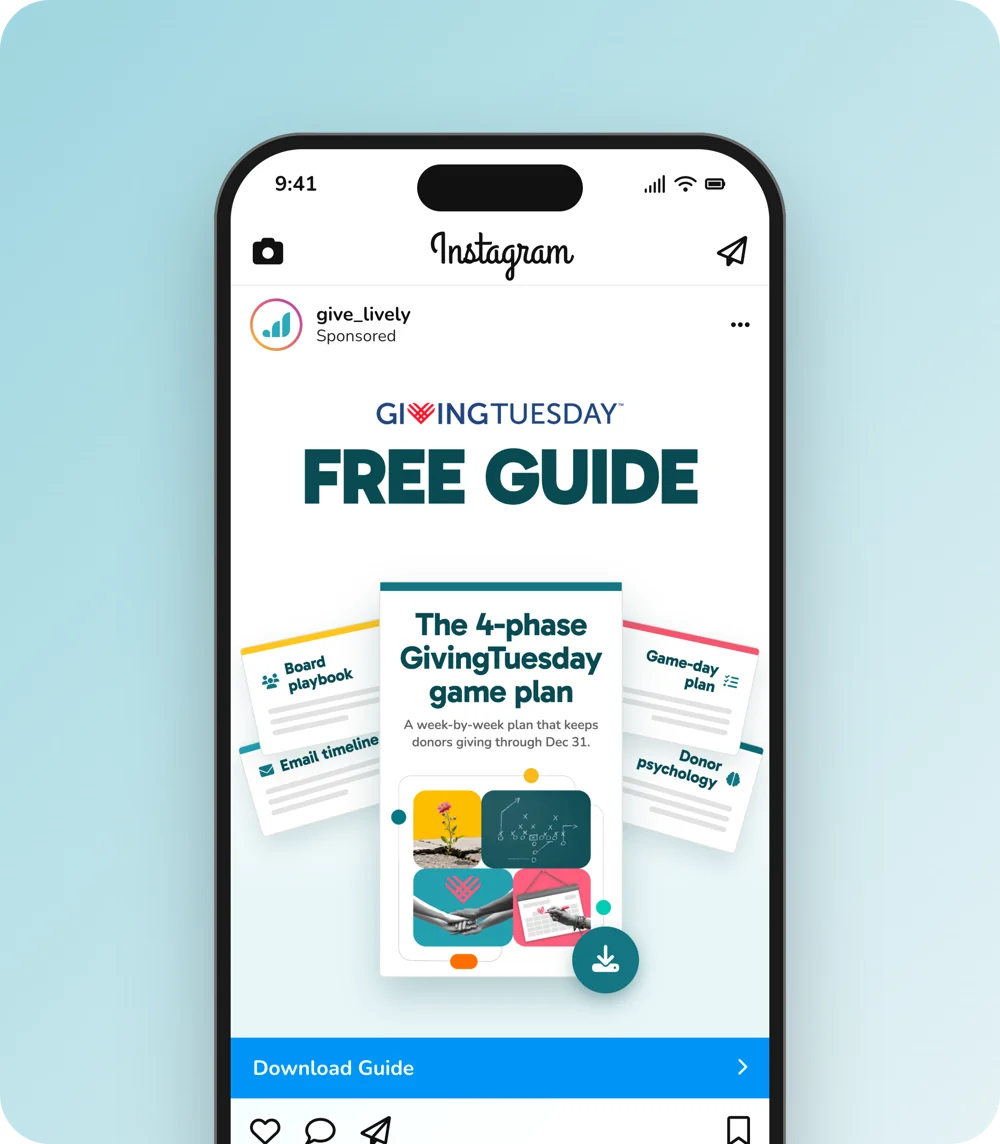 Give Lively Instagram ad: GivingTuesday free guide, the 4-phase game plan, with a Download Guide button