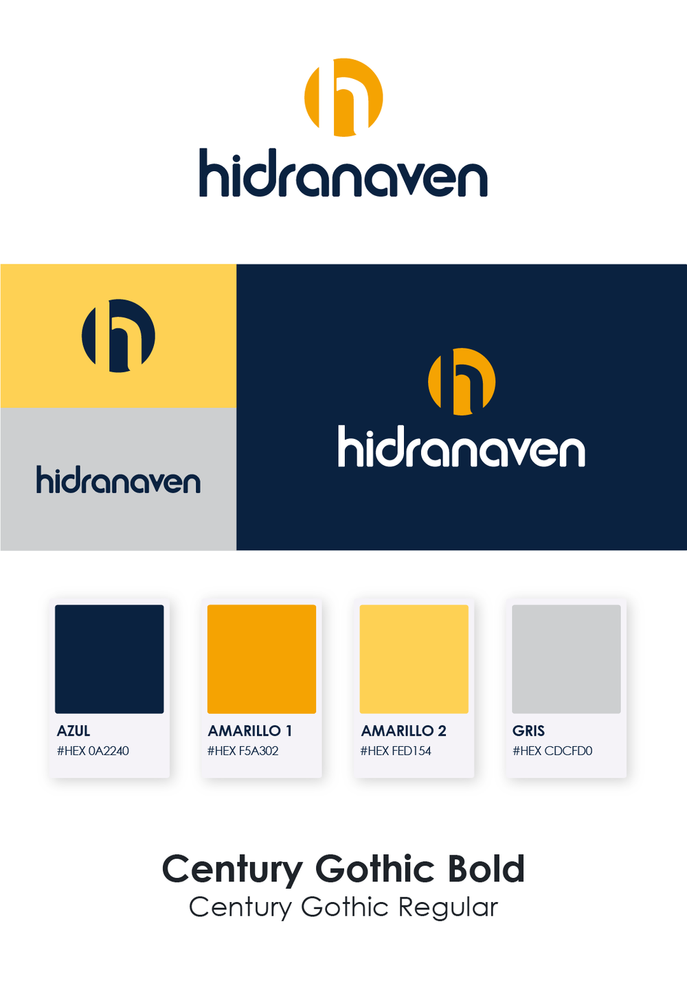 Hidranaven brand guide with logo versions, color palette and Century Gothic typography