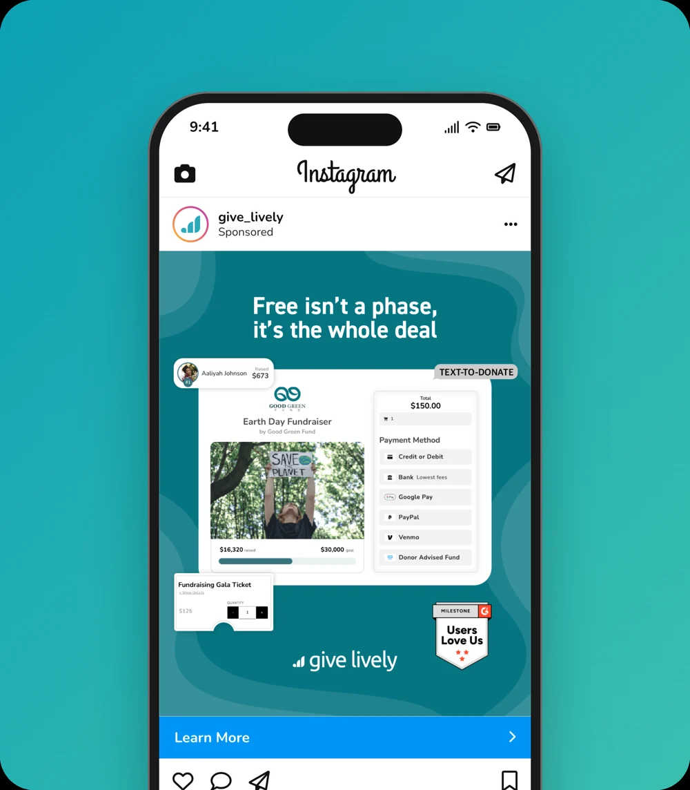 Give Lively Instagram ad: Free isn't a phase, it's the whole deal, showing a fundraising page, payment options and a G2 Users Love Us badge