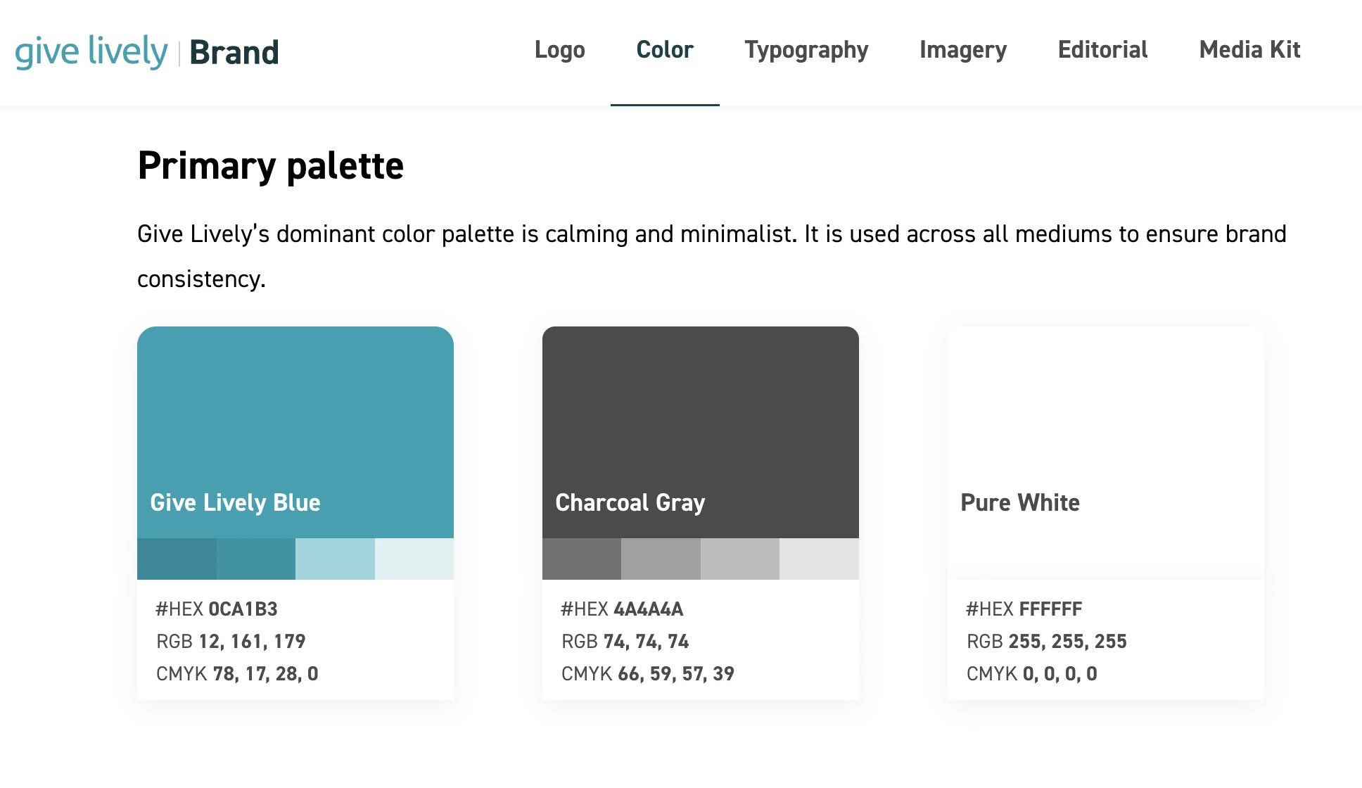 Give Lively brand guide primary palette: Give Lively Blue, Charcoal Gray and Pure White with tints and color codes