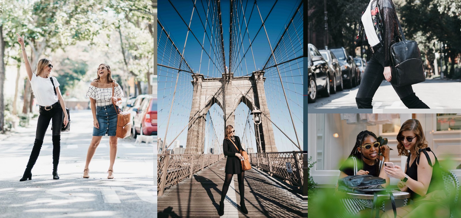 Women in New York City wearing Sosi Leone backpacks, on the street, on the Brooklyn Bridge and at a cafe