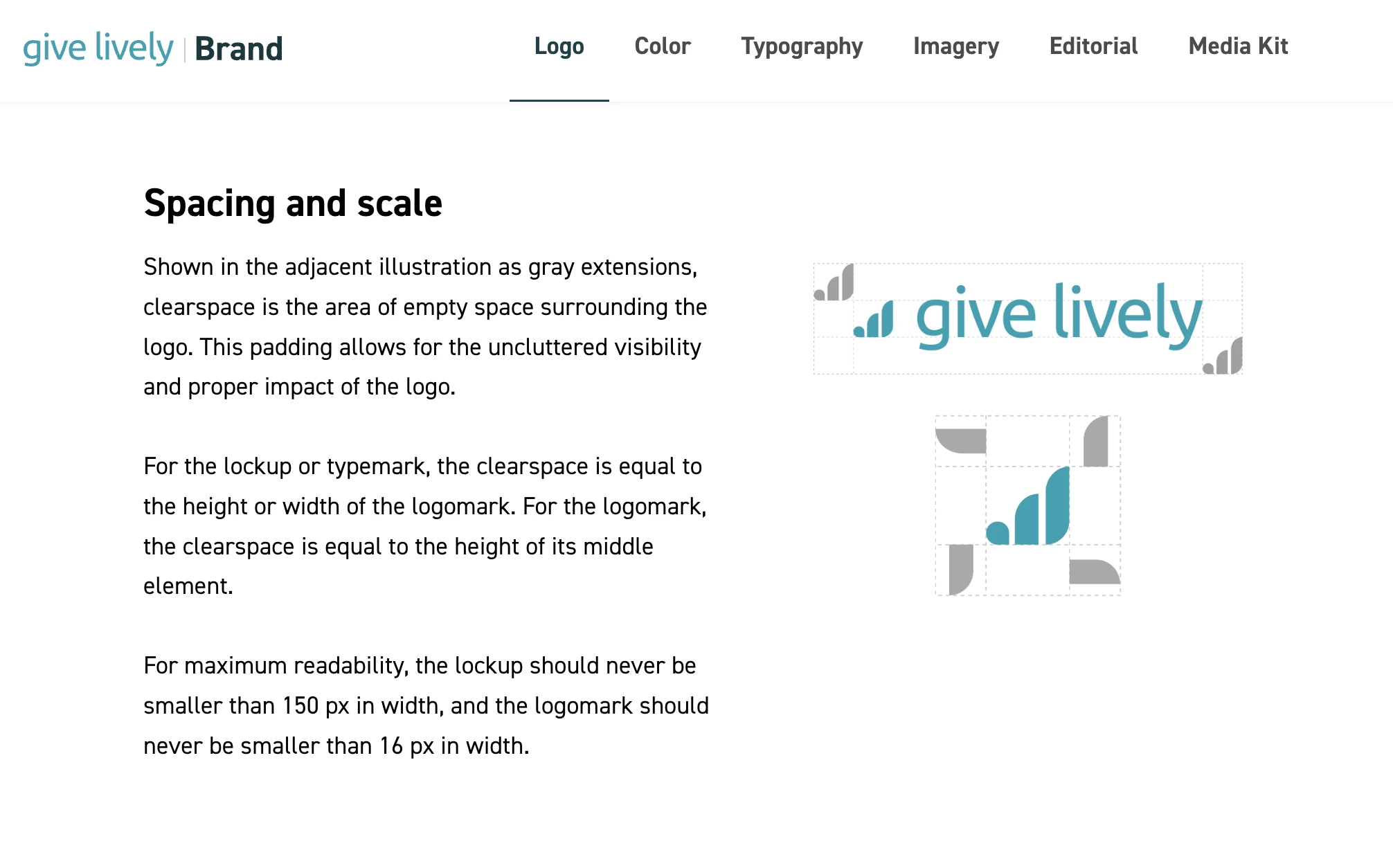 Give Lively brand guide page on logo spacing and scale, with clearspace diagrams for the lockup and logomark